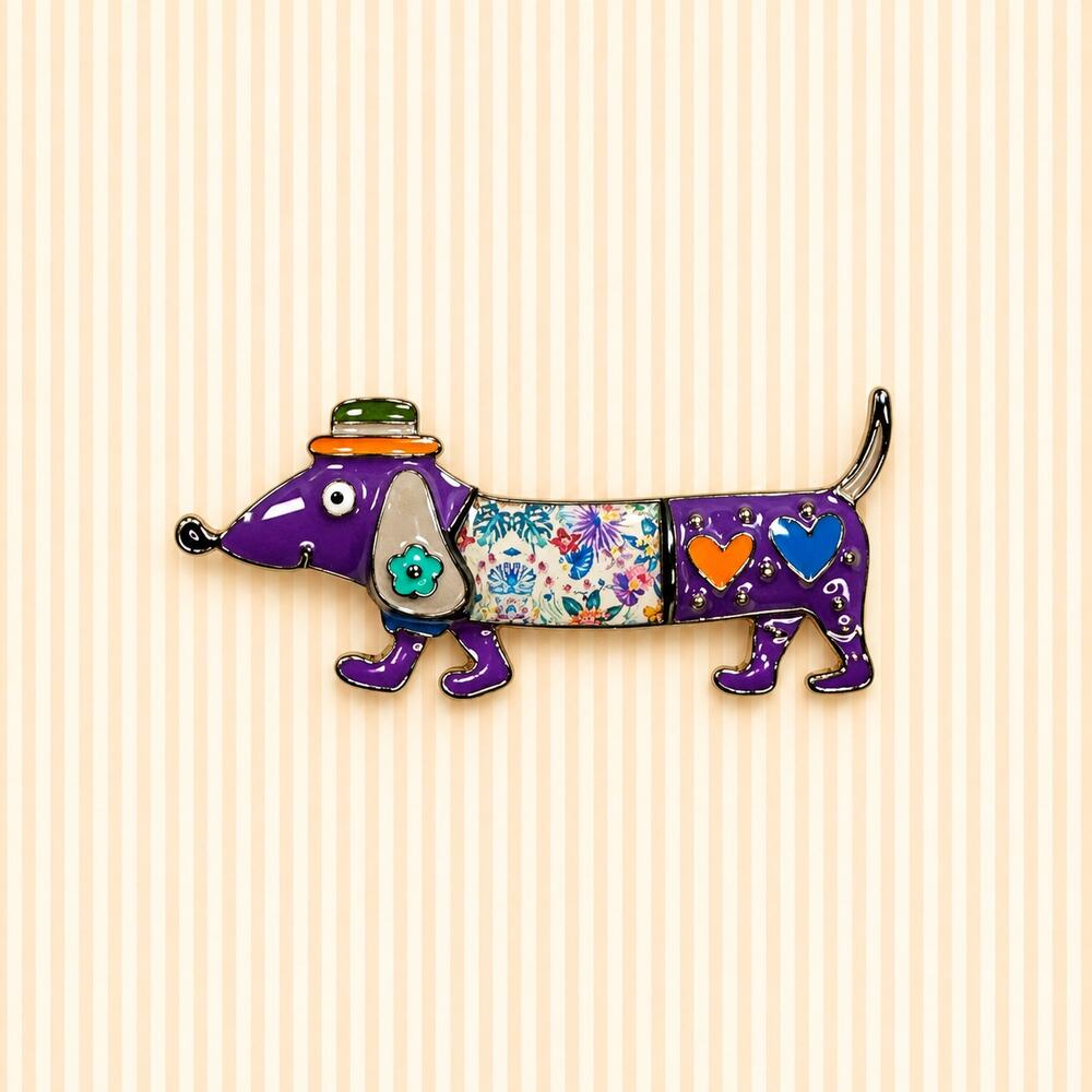 Purple Dachshund Dog Brooch Colorful Enamel Floral Heart Wiener Dog Pin CP238